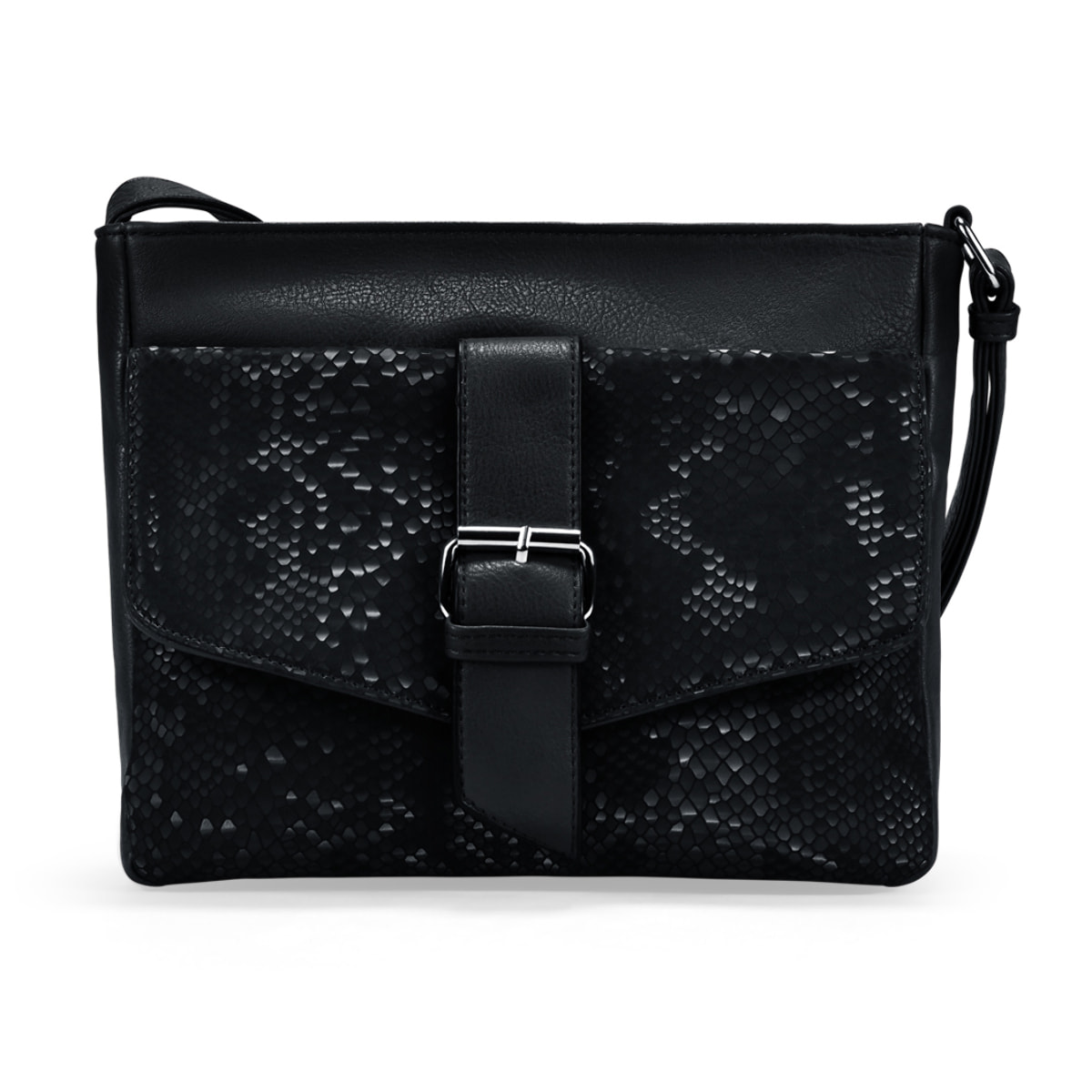 Bolso bandolera negro con solapa efecto serpiente