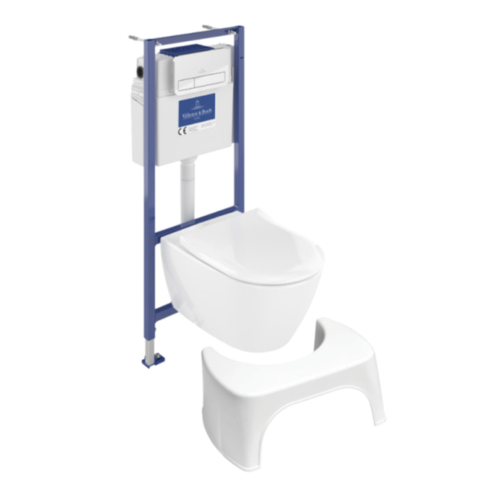 Pack WC sans bride Subway 2.0 abattant frein de chute + bâti-support sol et mur Viconnect PRO + plaque Chromé  + Tabouret blanc