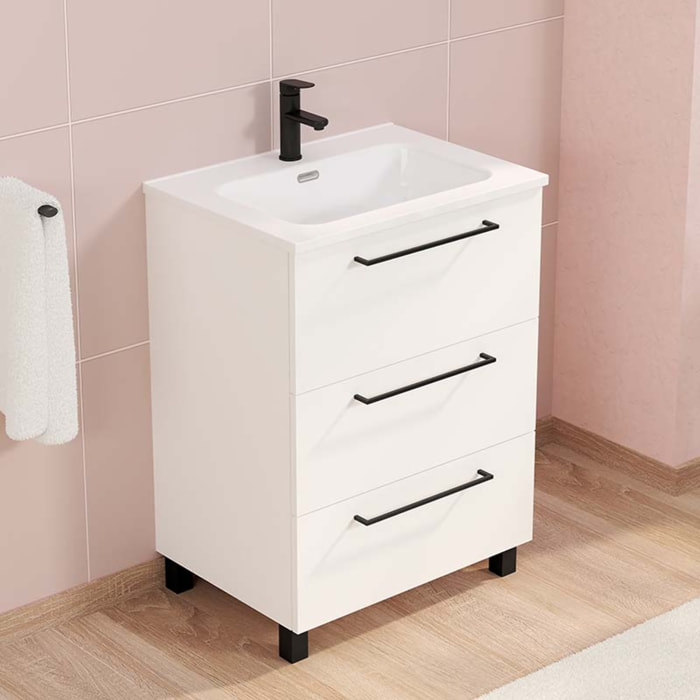Ensemble De Salle De Bain Haru | Meuble De Salle De Bain Avec Pieds | 60 Cm Blanc| 3 Tiroirs | Vasque Ceramique | N'Inclut Pas Miroir | Alday