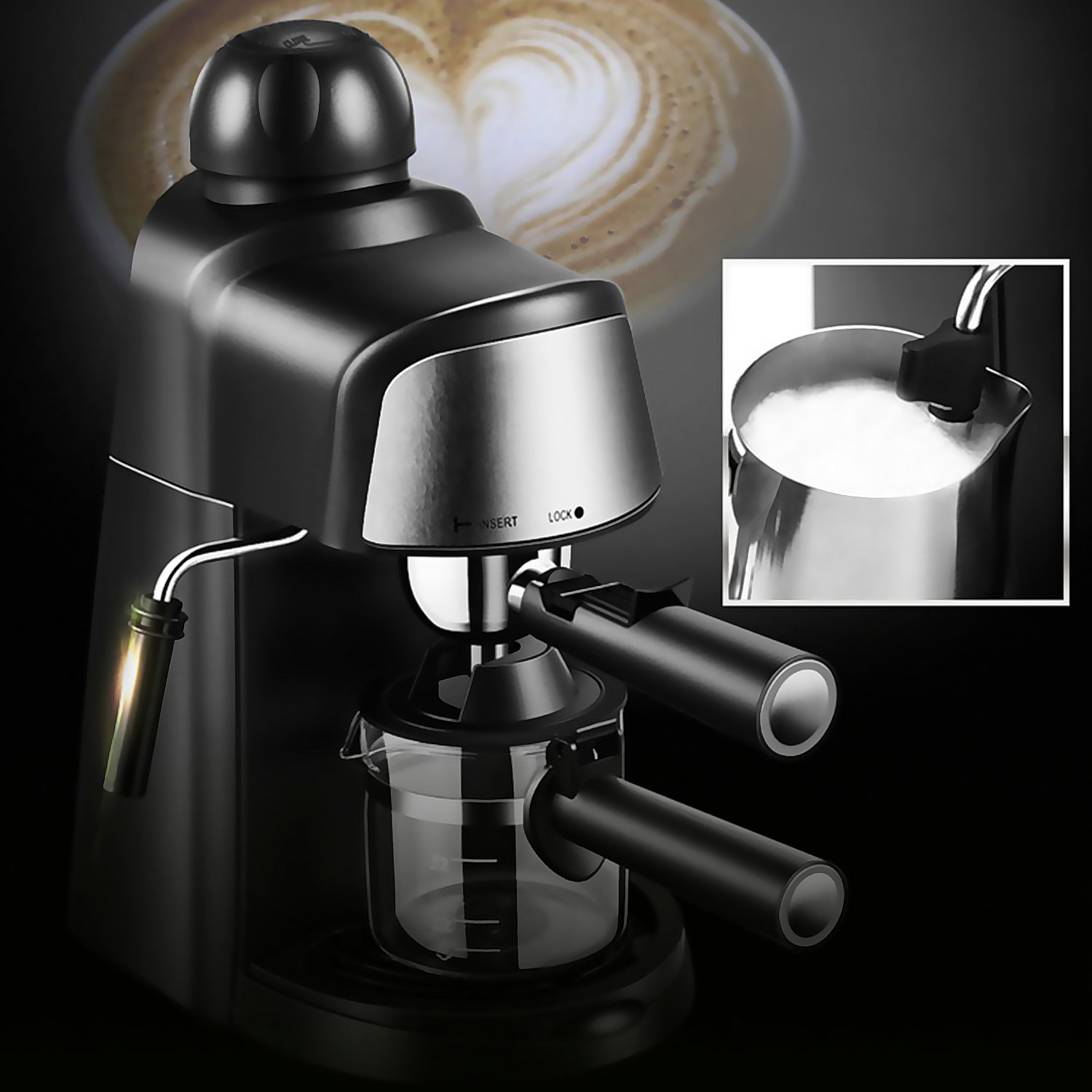 Cafetera espresso de 800 W y 5 bar de presión con capacidad de 240 ml. Incluye jarra de cristal con marcas de medida y varilla de vapor.