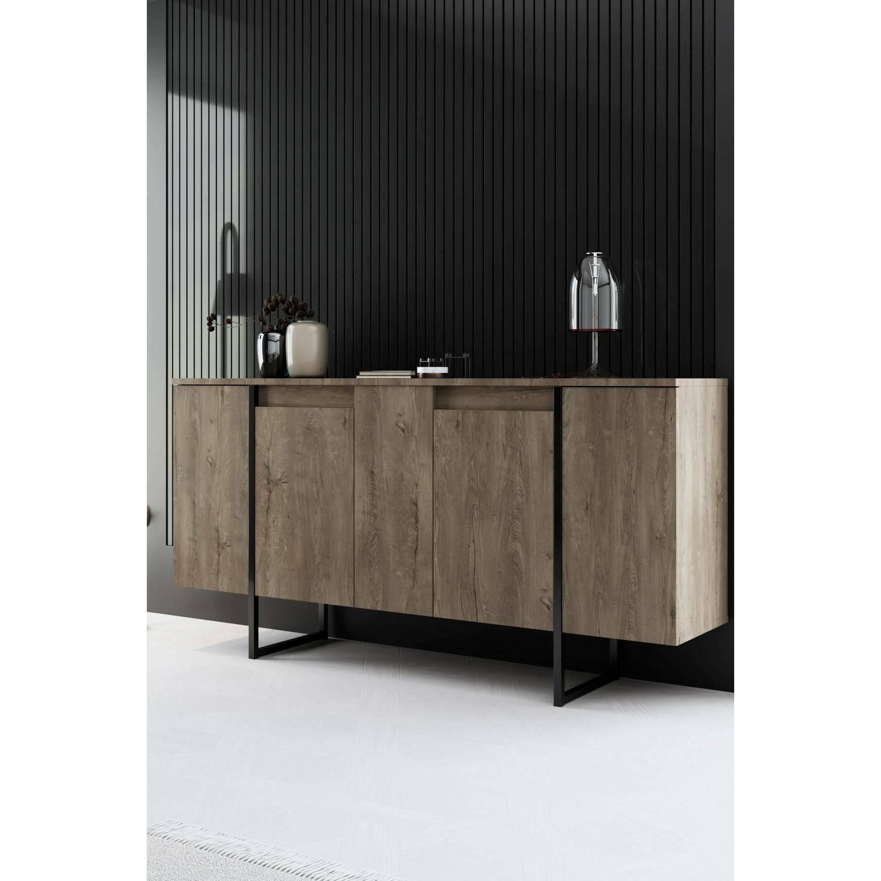 Credenza Dgarzitt, Buffet da soggiorno, Madia da salotto, Dispensa da cucina, 160x35h80 cm, Noce e Nero