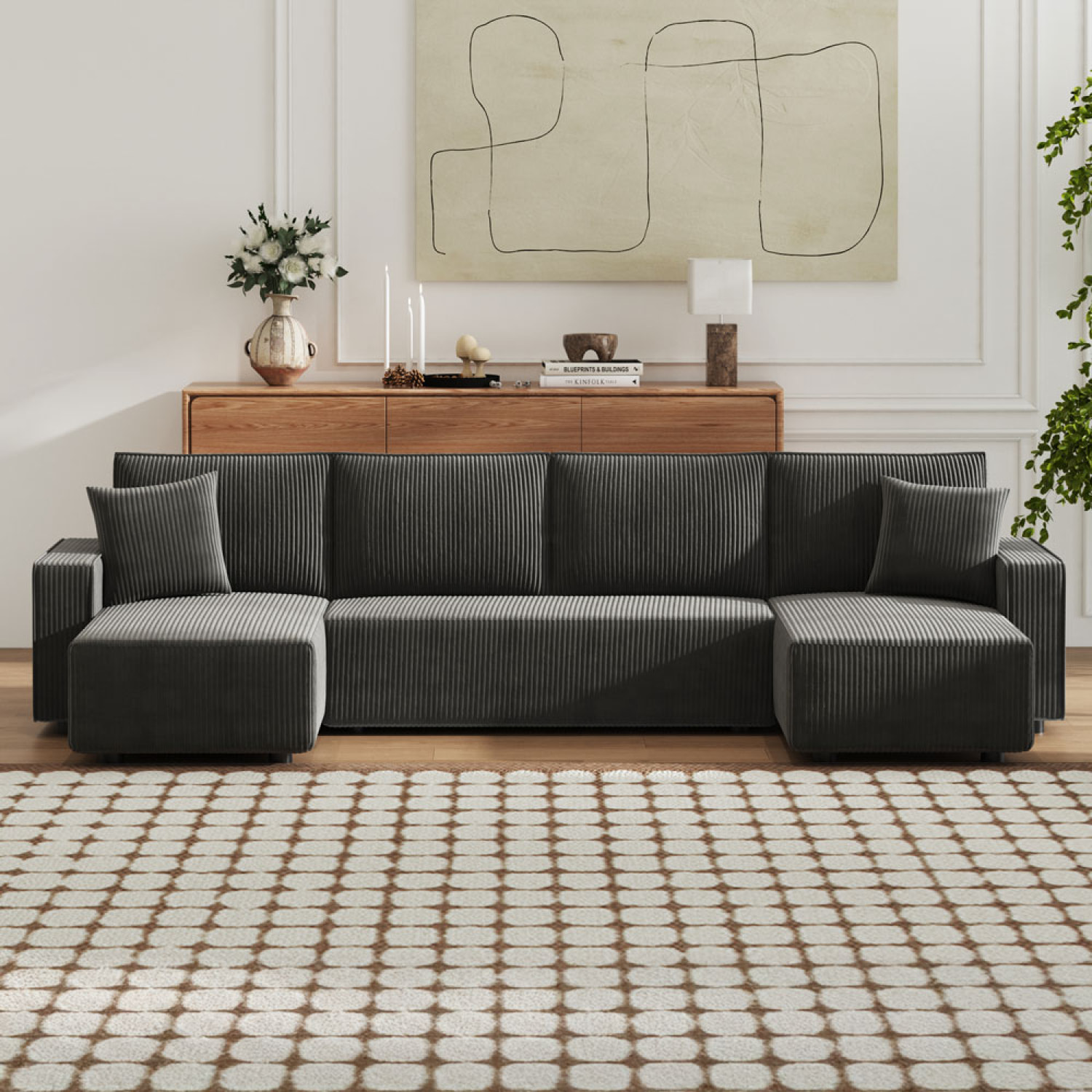 LUBEC Canapé panoramique convertible 6 places avec coffre en velours côtelé gris anthracite
