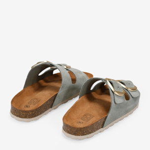 Sandalias planas verdes en piel con doble hebilla