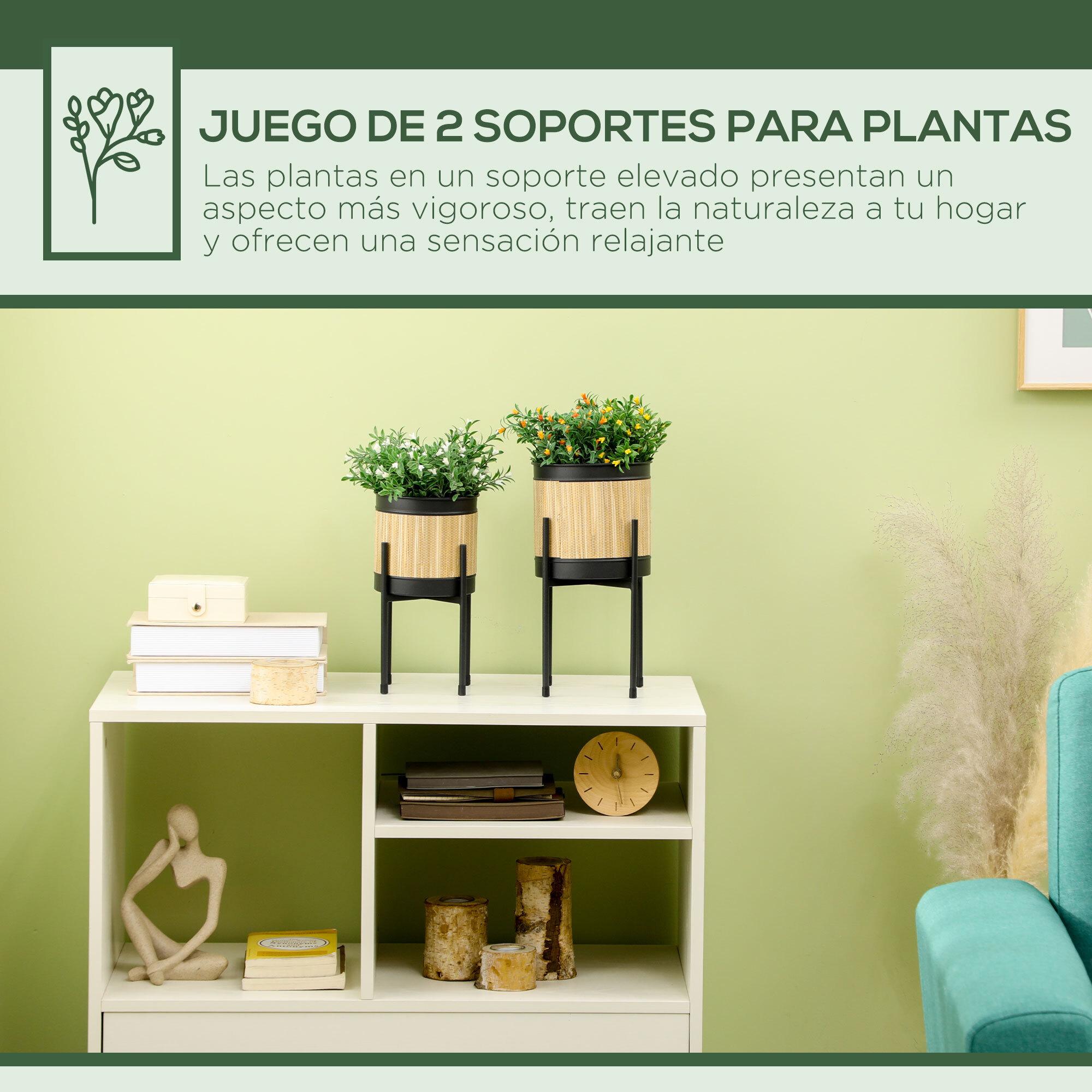 Juego de 2 Soportes para Plantas de Metal Cubierta de Totora Soportes para Macetas Maceteros Redondos para Salón Cocina Dormitorio Ø16x30 cm y Ø14x25,5 cm Negro