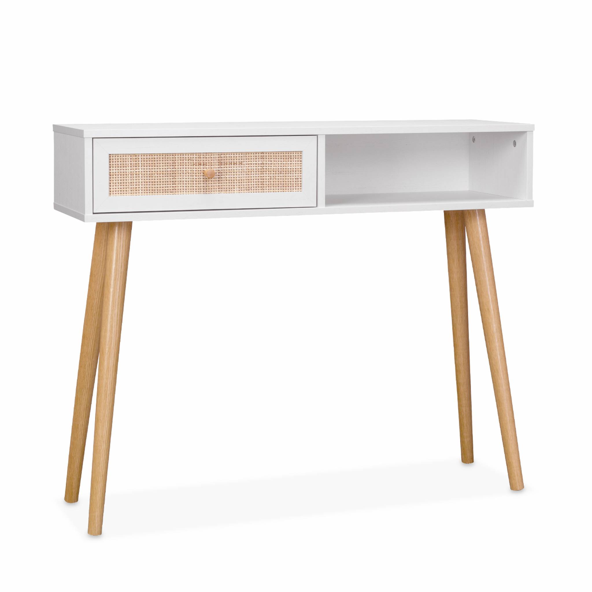 Console en cannage 100x29x81cm  -  Bohème -  Blanc. 1 tiroir.1 espace de rangement. pieds scandinaves décor bois. 1 poignée