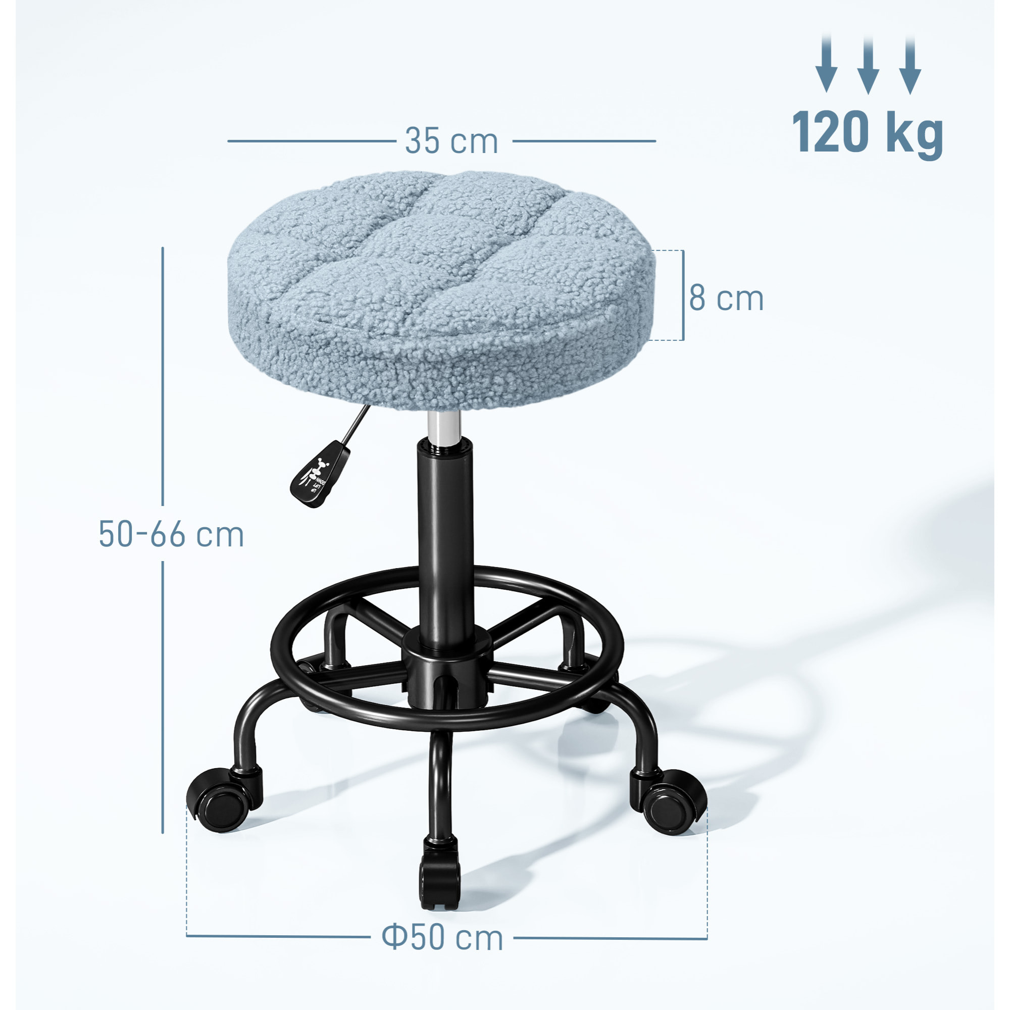 Taburete Giratorio Redondo Taburete con Ruedas Altura Regulable 50-66 cm Asiento Tapizado en Tejido de Borreguito para Salones Talleres Spa Masaje Azul