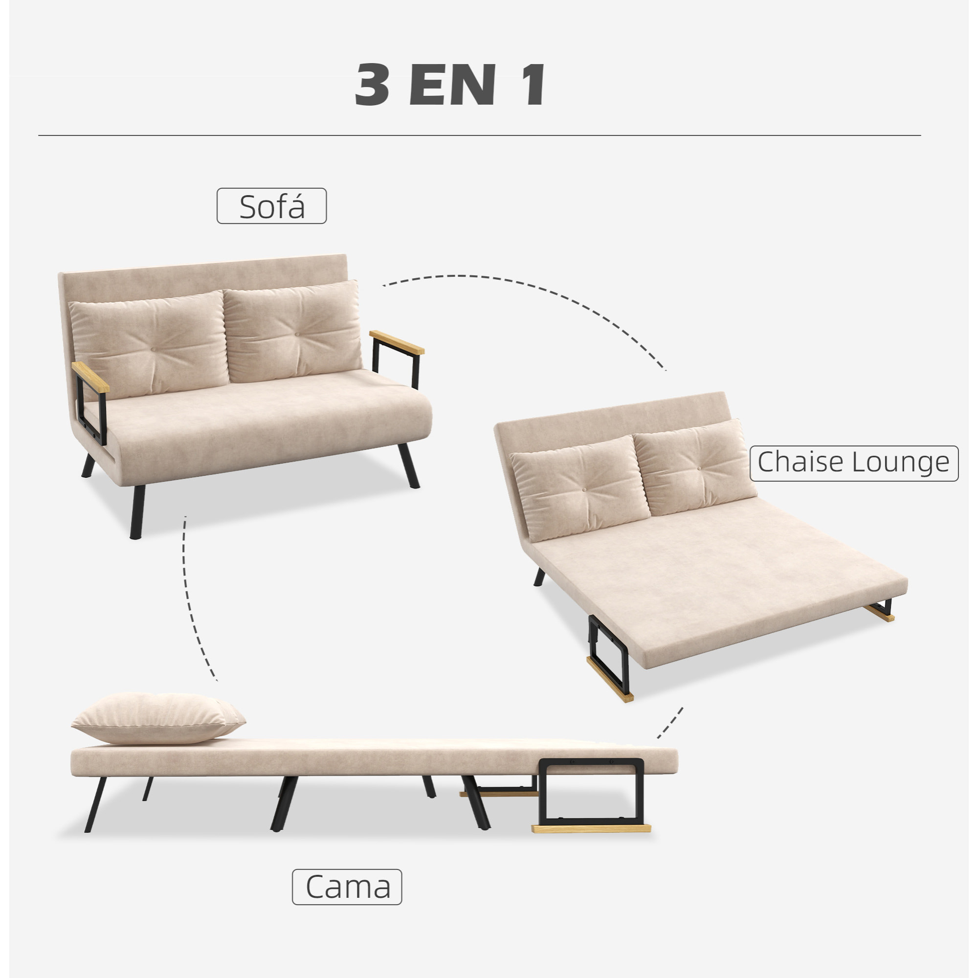 Sofá Cama Convertible 3 en 1 Sillón Cama de 2 Plazas Plegable con Respaldo Ajustable de 5 Niveles y 2 Almohadas Acolchadas para Oficina Dormitorio Salón 102x73x81 cm Beige