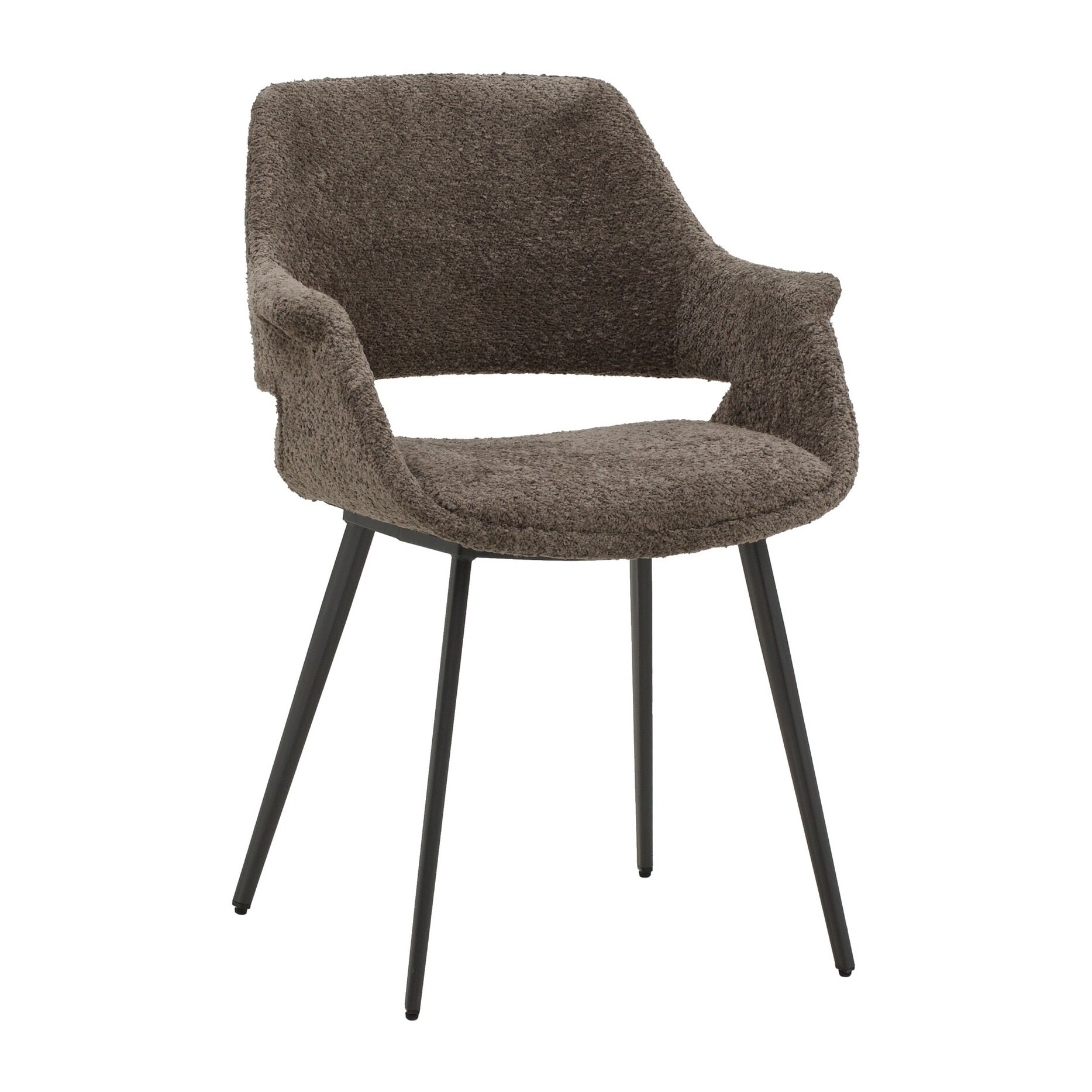 Set di 4 sedie EMBAJADORES in tessuto tortora effetto bouclé e gambe in metallo nero, con braccioli