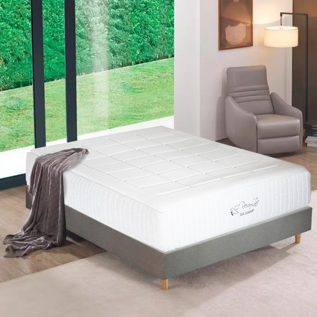 Ensemble Matelas Duoconfort - Gamme Luxe Hôtelière - avec son sommier Cancun en tissu gris clair