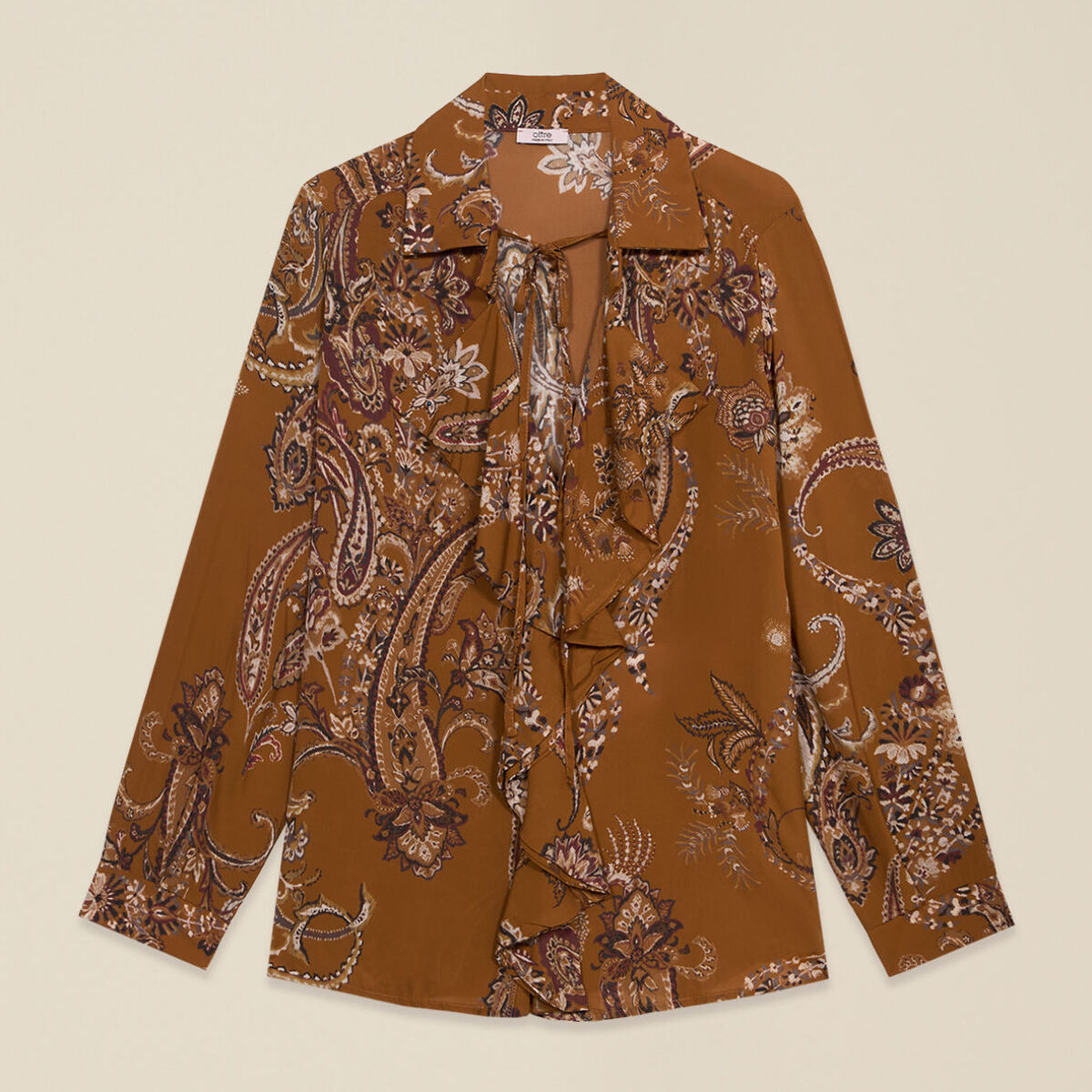 Oltre - Blusa fantasia con volant - Marrone