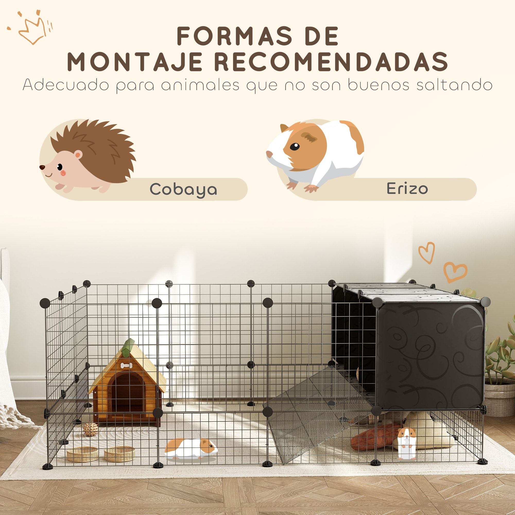 Valla para Mascotas de Bricolaje Parque para Conejos Recinto para Conejos de 39 Paneles con 3 Nidos para Cobayas Conejos y Erizos Negro