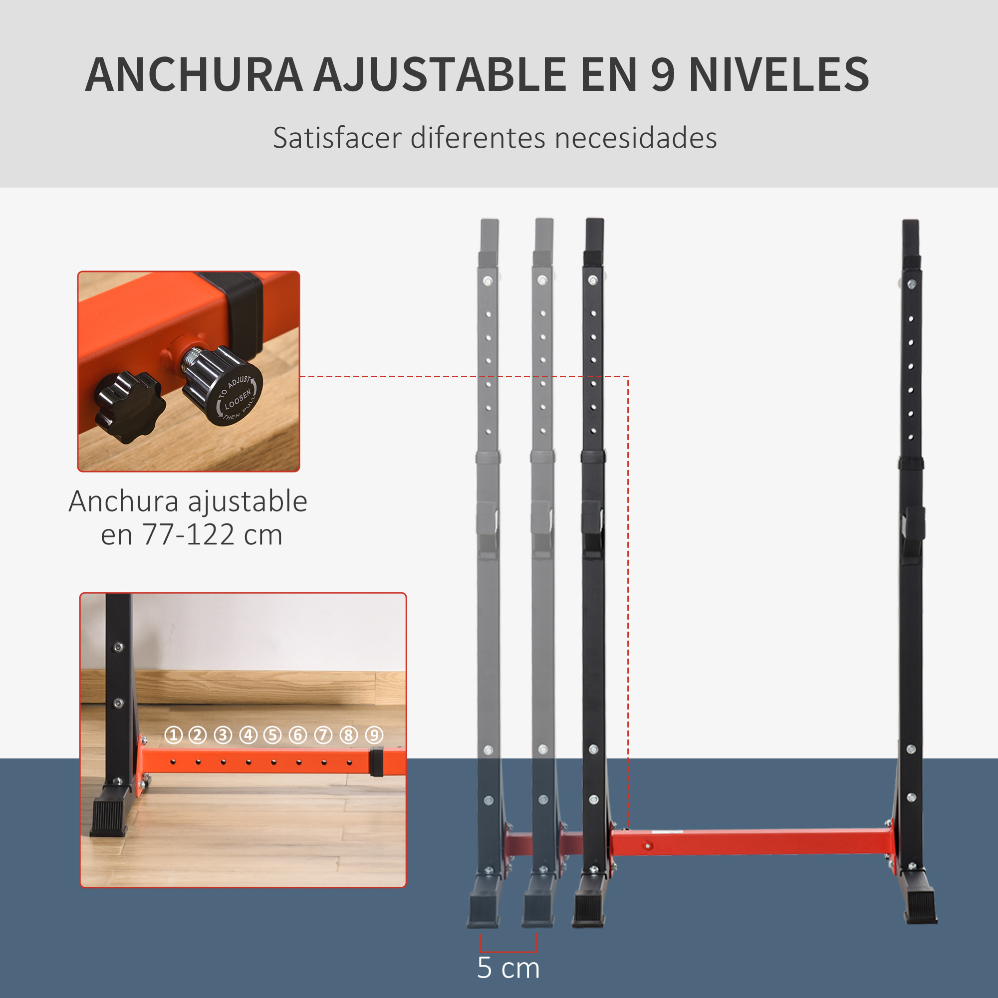 Soporte Ajustable para Barras de Pesas Estante Soporte Multifuncional para Ejercicios en Hogar y Oficina Carga 150 kg Altura Regulable de 121-171 cm Negro y Rojo