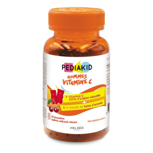 PEDIAKID - Gommes Vitamine C - Formule Naturelle au Délicieux Arôme de Cerise - Contribue à Réduire la Fatigue - Soutient le Métabolisme Énergétique et les Défenses de l'Organisme - 60 gommes