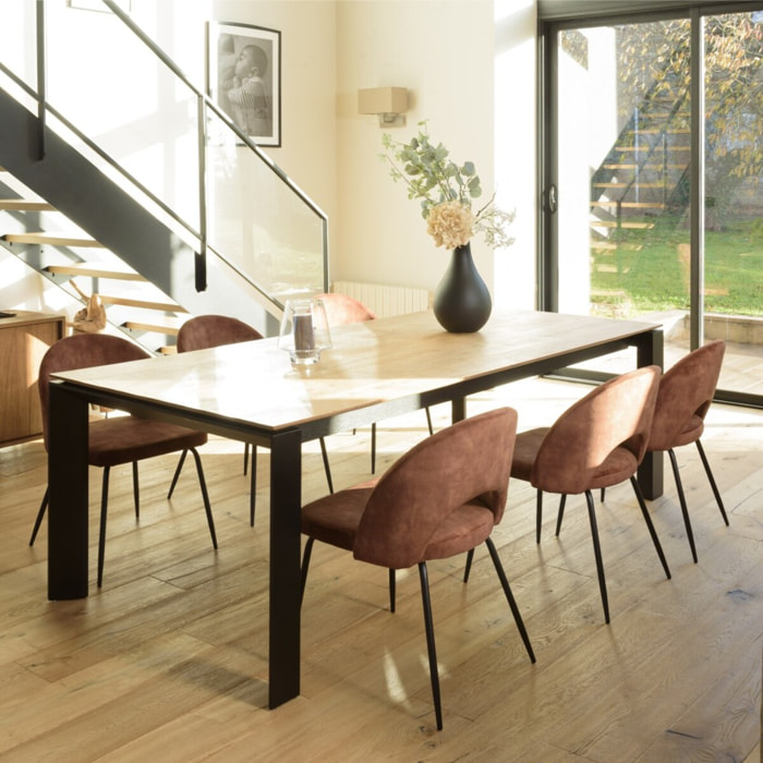 TOM - Lot de 2 chaises velours acajou dossier ouvert pieds acier noir