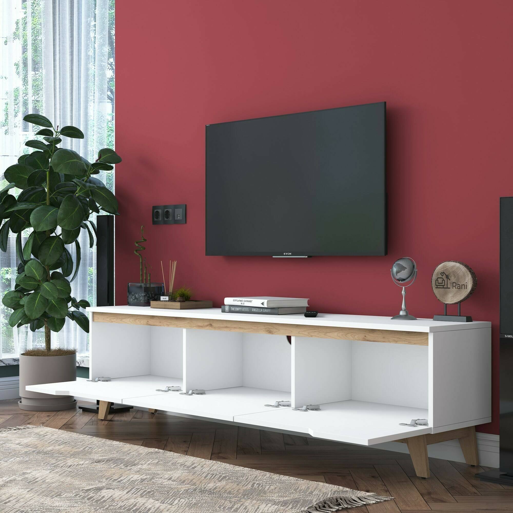 Mobile porta TV Dguidoli, Credenza da soggiorno, Armadio basso per TV, Base parete attrezzata, 180x35h49 cm, Bianco e Noce