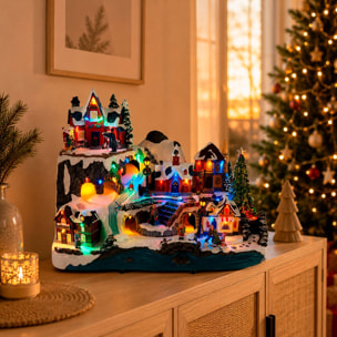 Pueblo navideño de esquí con led y movimiento, escena de invierno iluminada 45,6x30,5x35,8 cm