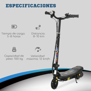 Patinete Eléctrico para Niños de 7-14 Años, Plegable, Patín Eléctrico, Max. 12 km/h, Motor 120 W, Autonomía Máxima 10 km, con Manillar Ajustable en Altura, Faro LED y Freno, Negro