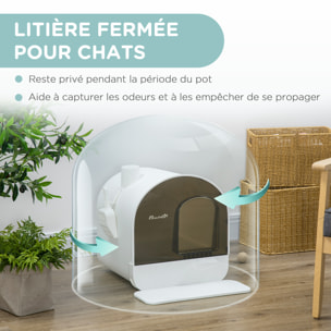 Maison de toilette bac à litière pour chat avec porte battante, pelle et filtre inclus dim. 43L x 44l x 47H cm PP blanc marron fumé