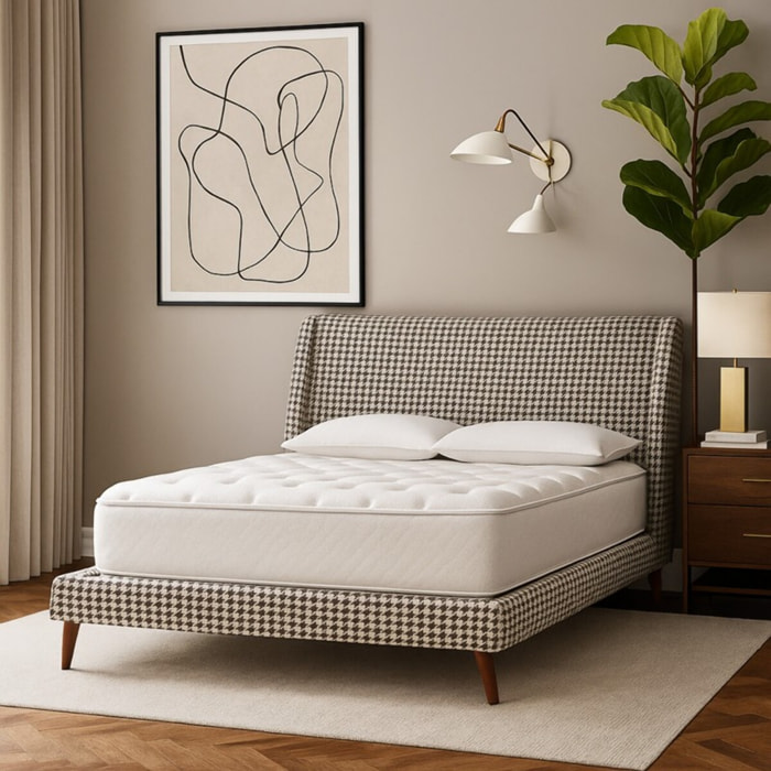 Lit Grace | A lattes flexibles | style Rétro et Chic | Tissu | Marron et Beige | Imprimé pied de poule
