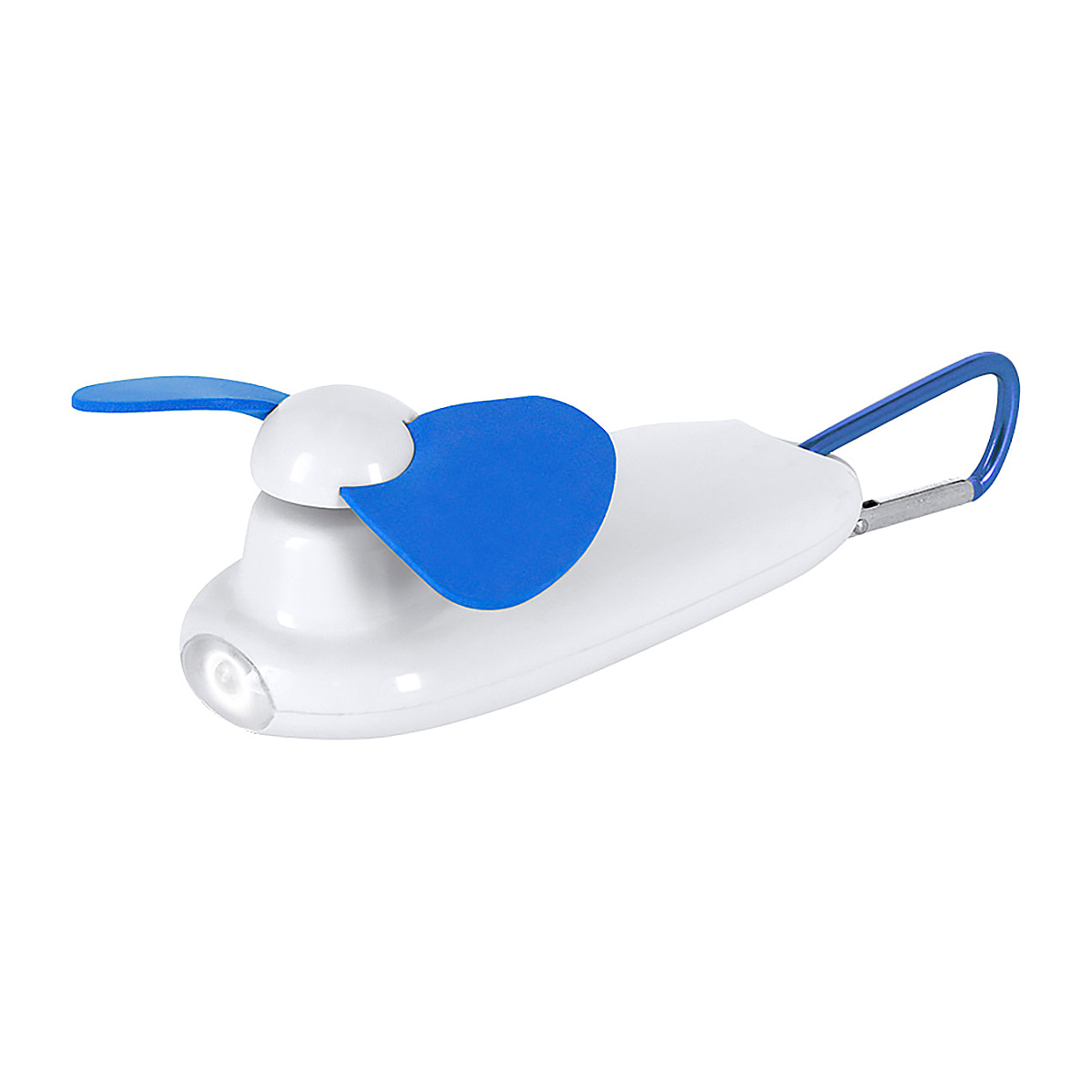 Ventilador portátil con linterna LED integrada y mosquetón para transporte.