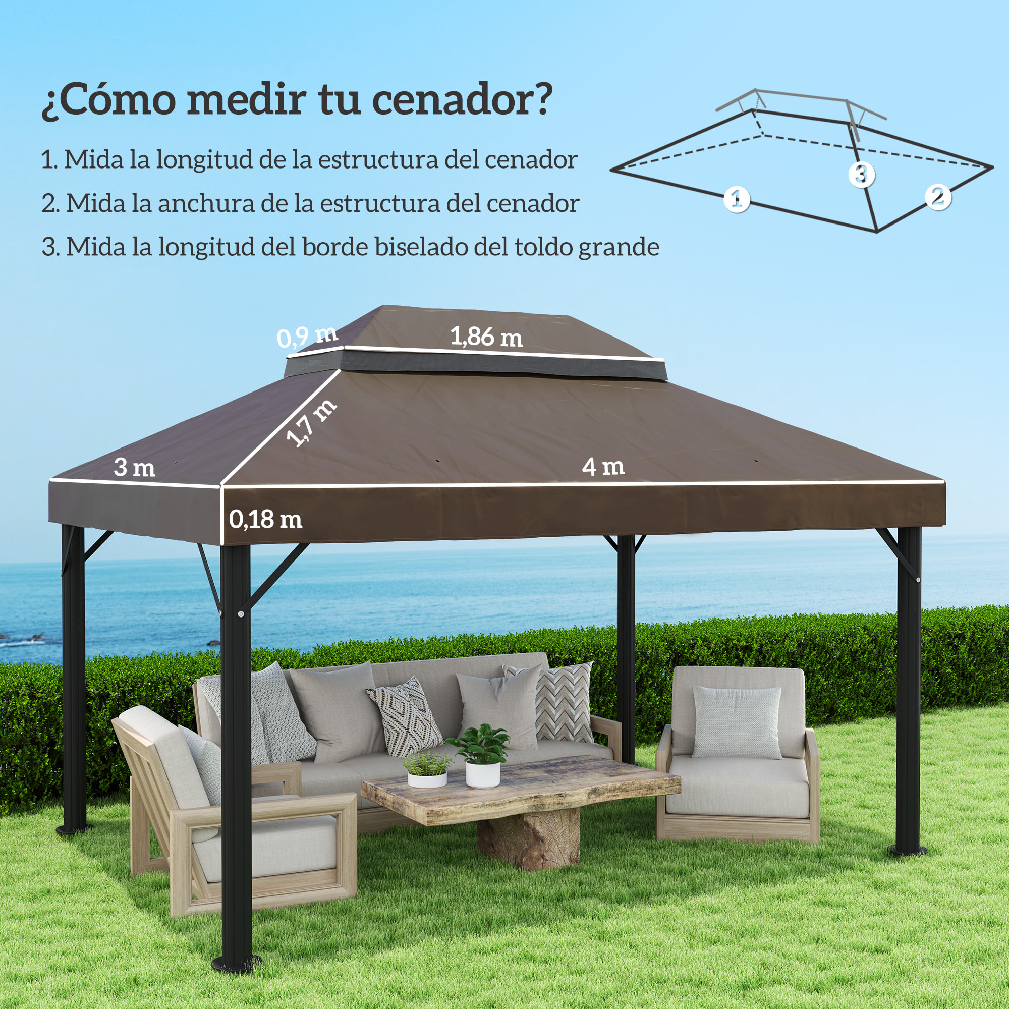 Techo de Repuesto para Cenador 4x3 m Cubierta de Repuesto con Techo Doble con Mosquitera Protección UV 30+ Toldo de Recambio para Pabellón Gazebo Café