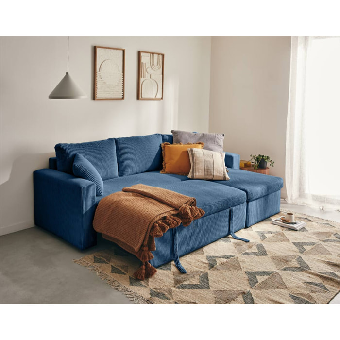 Cyrus - canapé d'angle réversible 4 places - convertible avec coffre - en velours côtelé - Bleu