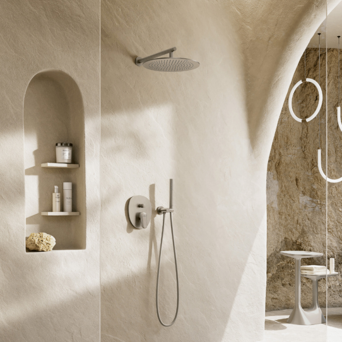 Support mural pour douchette avec raccordement Universal Showers rond nickel brossé