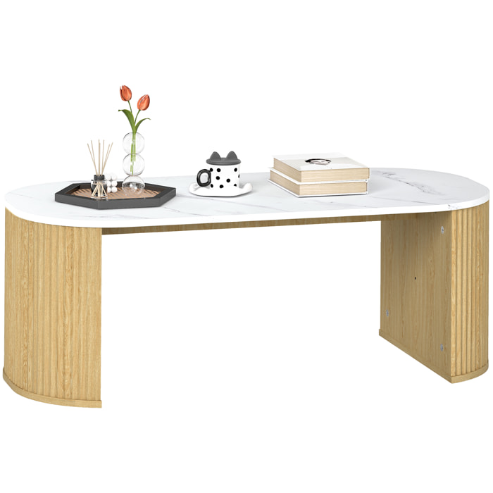 Table basse design ovale effet marbre blanc dim. 110 x 50 x 40 cm aspect bois clair