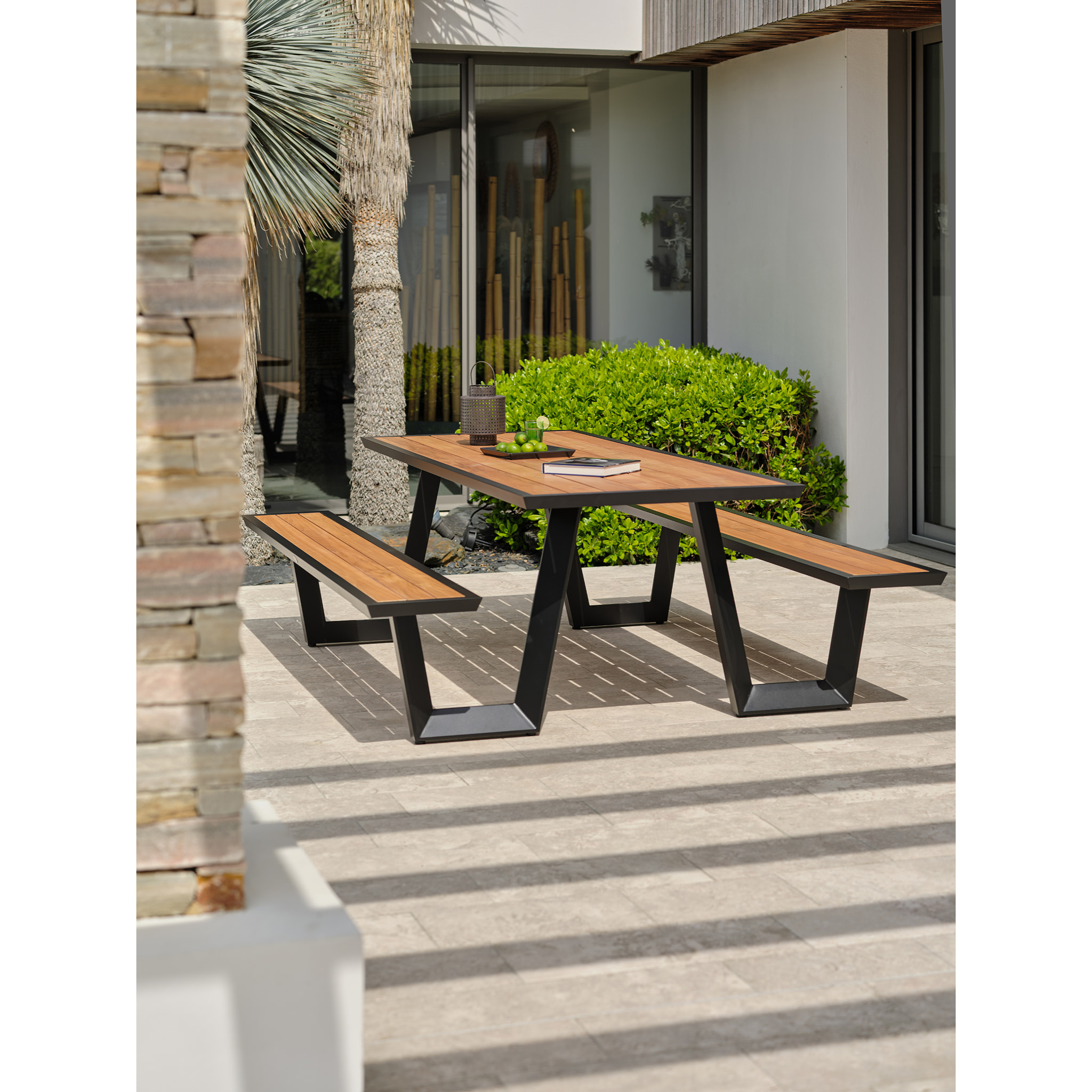 TORONTO - Table avec bancs en aluminium gris anthracite et teck