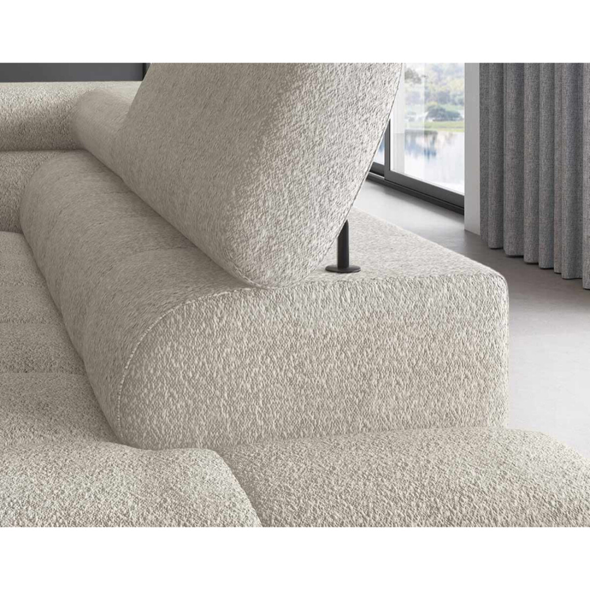 Elisa - canapé d'angle droit 5 places convertible avec coffre et têtières réglables en tissu bouclette - Beige