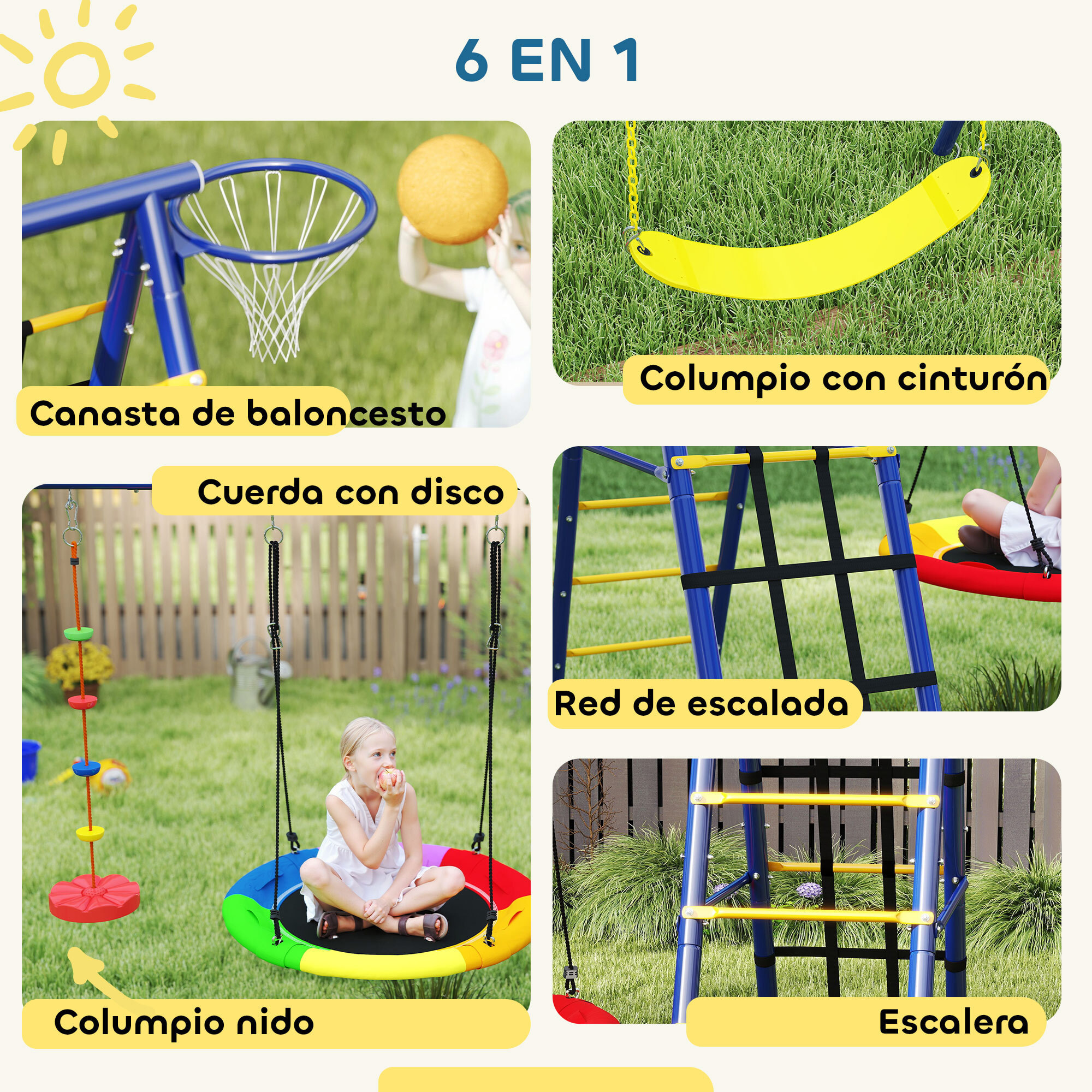 Columpios para Niños de +3 Años 6 en 1 Columpios Jardín Exterior con Columpio Nido Cuerda con Disco Red para Escalar Escalera y Aro de Baloncesto Multicolor