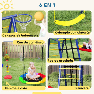 Columpios para Niños de +3 Años 6 en 1 Columpios Jardín Exterior con Columpio Nido Cuerda con Disco Red para Escalar Escalera y Aro de Baloncesto Multicolor