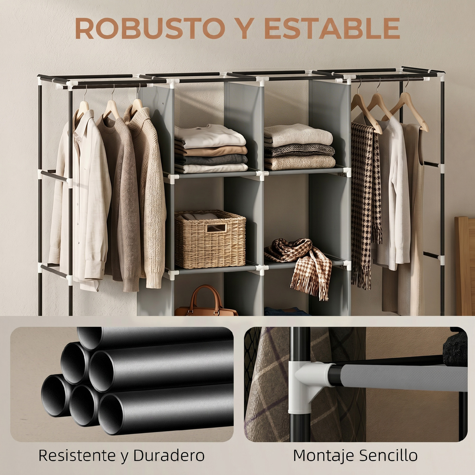 Armario de Tela con Ruedas, Armario Ropero Portátil con 2 Barras para Colgar, 10 Compartimentos, Cremallera, Marco de Acero, para Dormitorio, Espacio Pequeño, 166x42,5x167 cm, Gris Oscuro