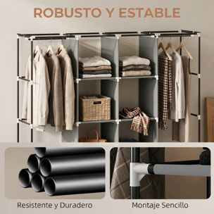 Armario de Tela con Ruedas, Armario Ropero Portátil con 2 Barras para Colgar, 10 Compartimentos, Cremallera, Marco de Acero, para Dormitorio, Espacio Pequeño, 166x42,5x167 cm, Gris Oscuro