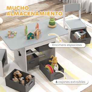 Mesa Infantil con 2 Sillas, Mesa y Sillas Infantil con 6 Cajones de Tela, Diseño Estrellas, para Niños y Niñas de 3-8 Años, para Hogar, Guardería, Aulas, Gris Claro