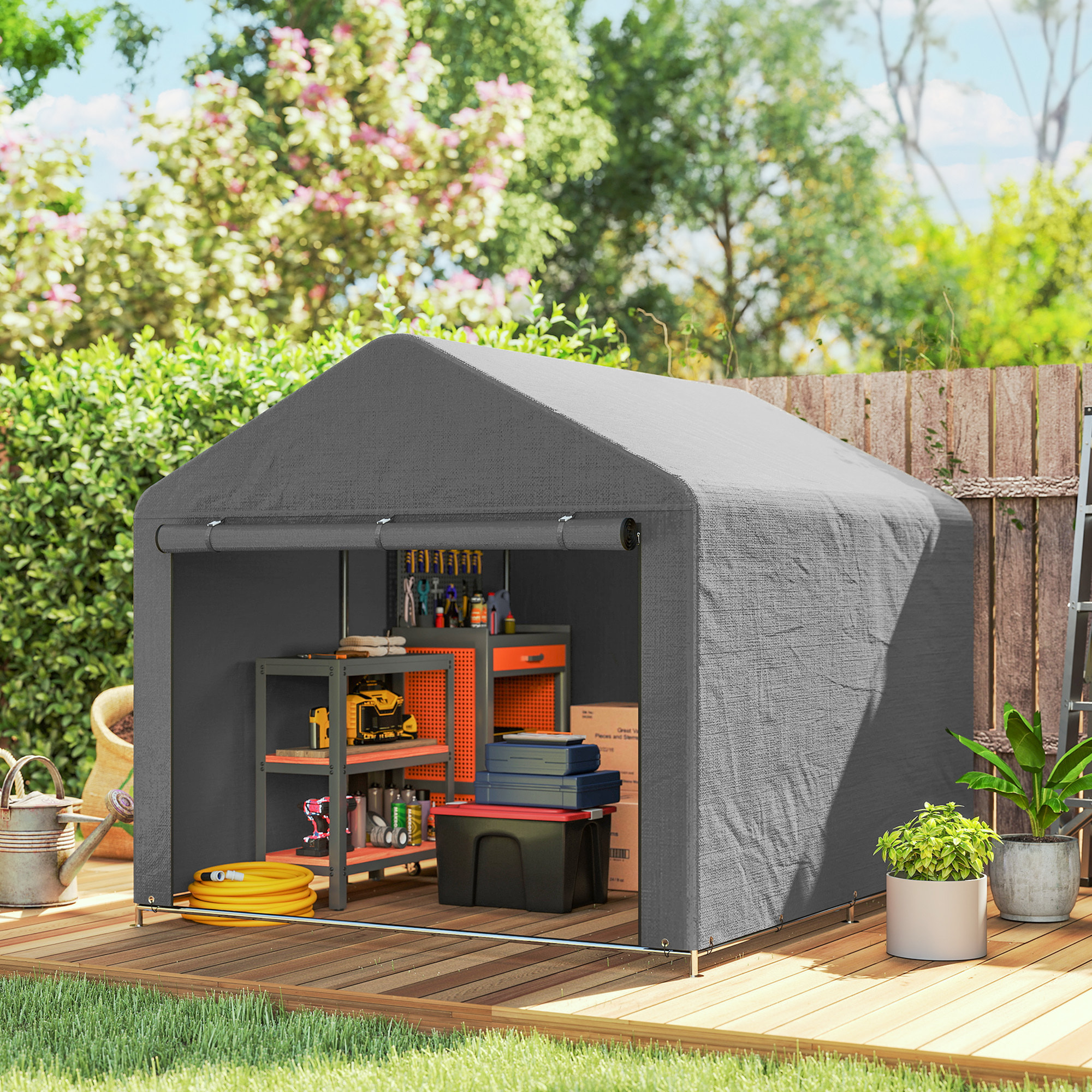Carpa de Jardín Exterior para Herramientas, Bicicletas, 2,4x2x2 m, Cobertizo Exterior con Marco Metal Galvanizado, Puerta Enrollable con Cremallera, Impermeable, UV30+, Garaje Portátil, Gris