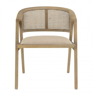 PIERRE - Chaise en bois assise tissu couleur lin dossier rotin naturel