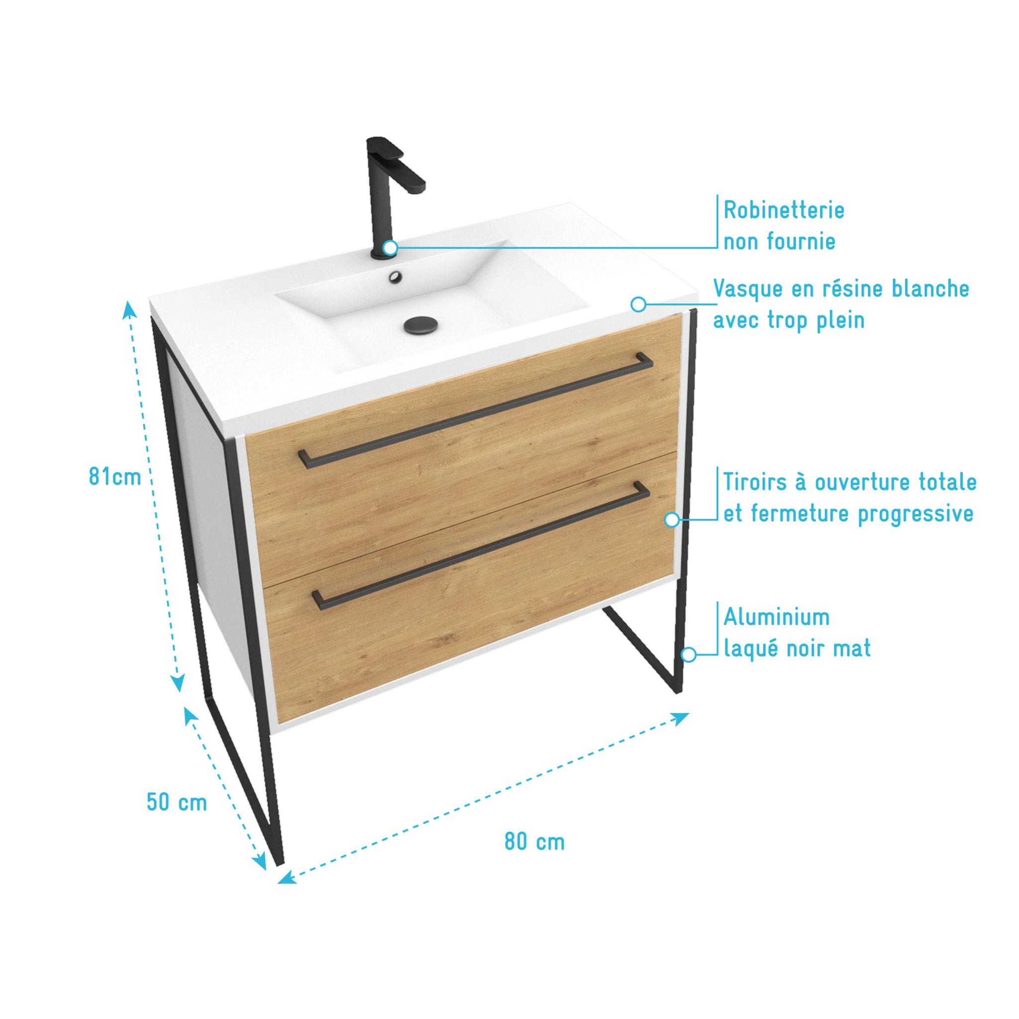 Meuble de salle de bain 80x50cm Blanc - 2 tiroirs chêne naturel - vasque blanche - STRUCTURA F023