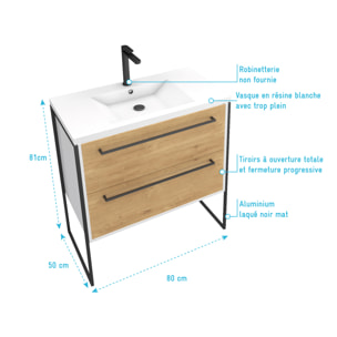 Meuble de salle de bain 80x50cm Blanc - 2 tiroirs chêne naturel - vasque blanche - STRUCTURA F023