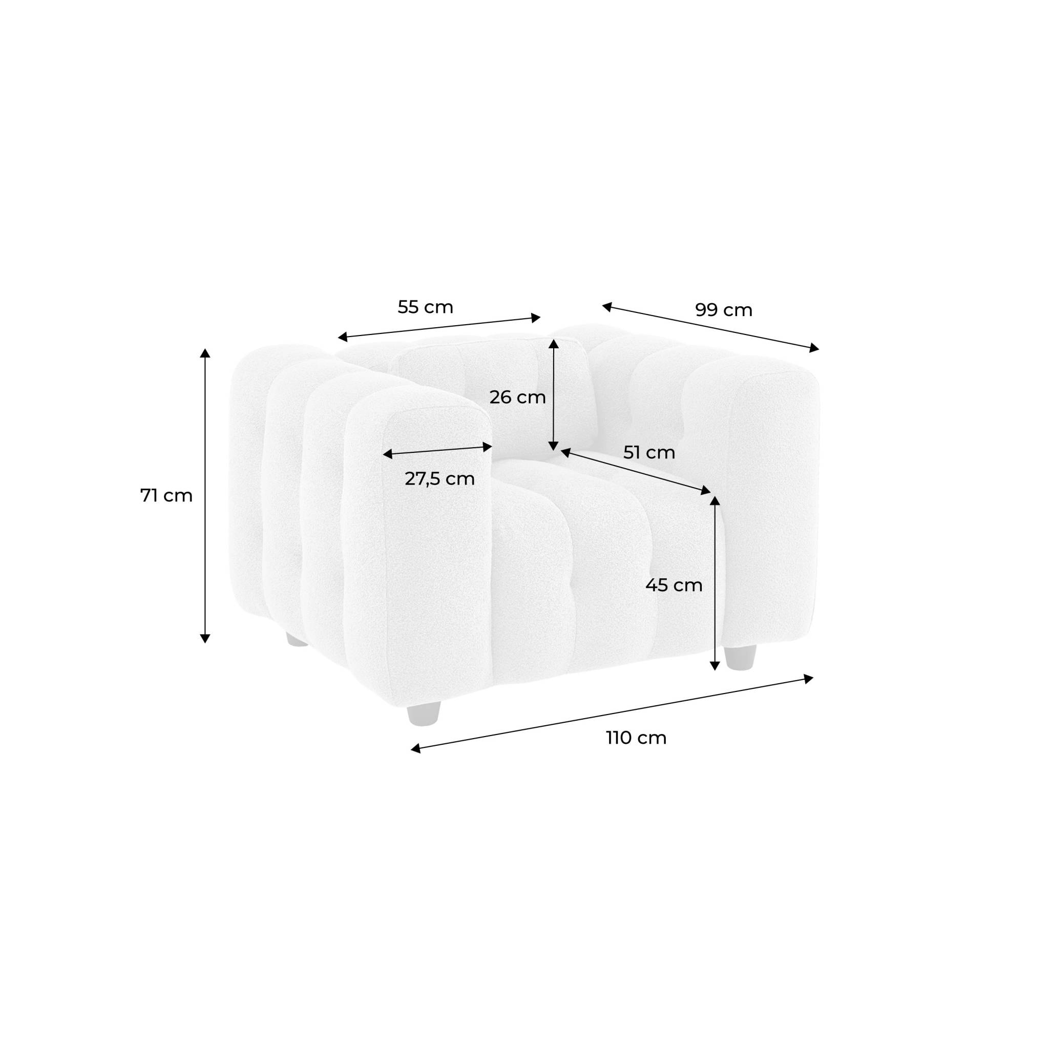 Fauteuil 1 place en bouclette texturée capitonné crème structure bois d'eucalyptus et contreplaqué
