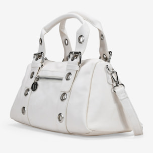 Bolso de mano blanco con hebillas y tachuelas redondas
