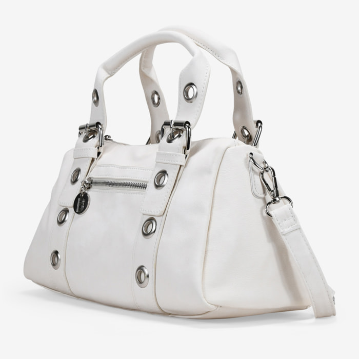 Bolso de mano blanco con hebillas y tachuelas redondas