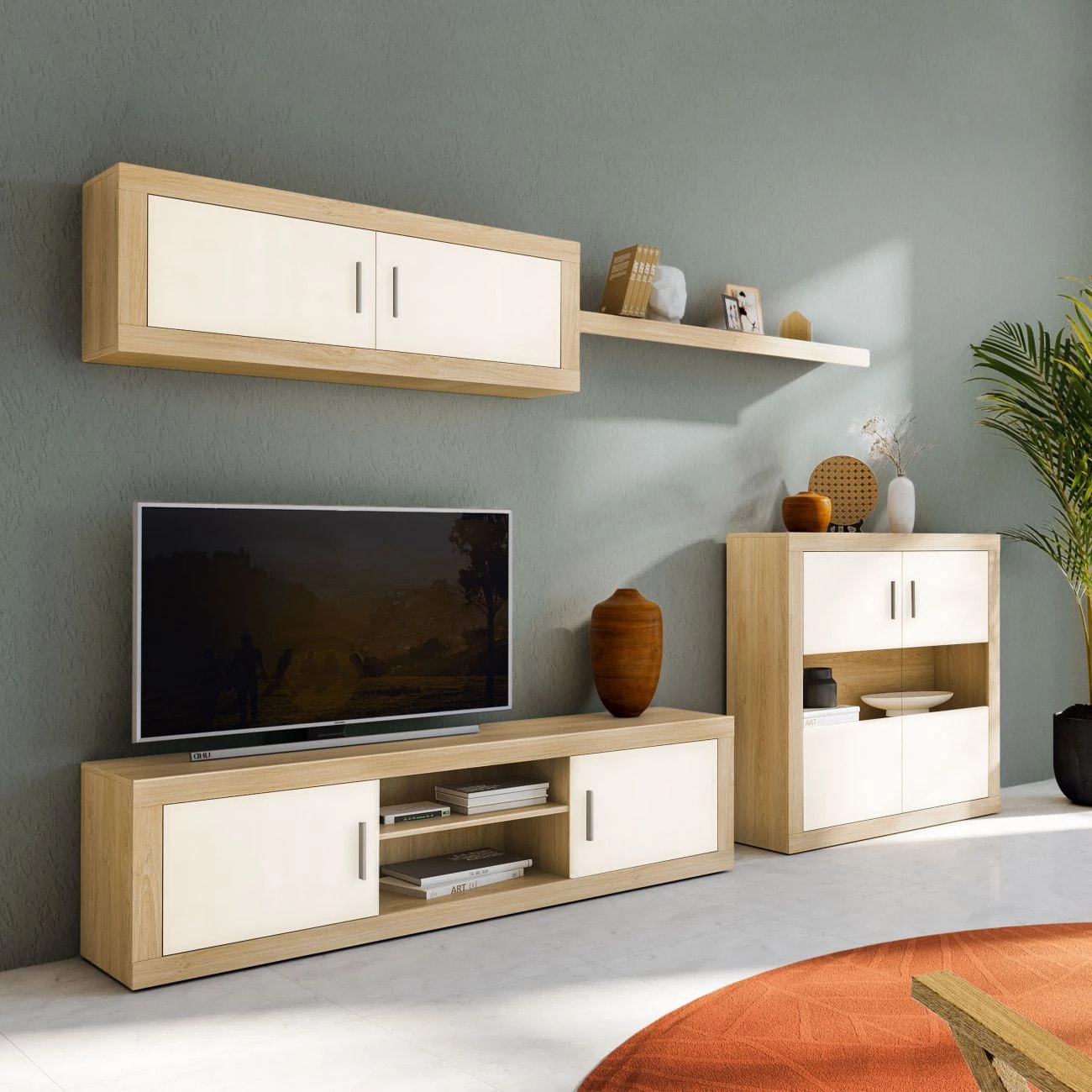 Módulo alto 2 puertas con almacenamiento oculto en cambria y blanco 130 cm Nuka Cambria - Blanco
