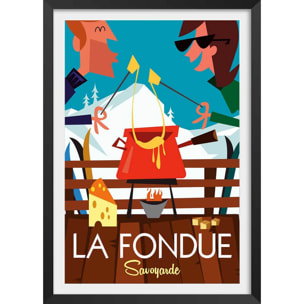 Poster retro la fondue savoyarde Affiche + cadre en bois - Noir