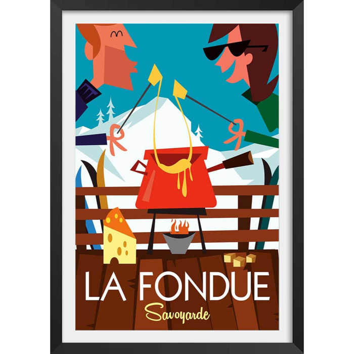 Poster retro la fondue savoyarde Affiche + cadre en bois - Noir