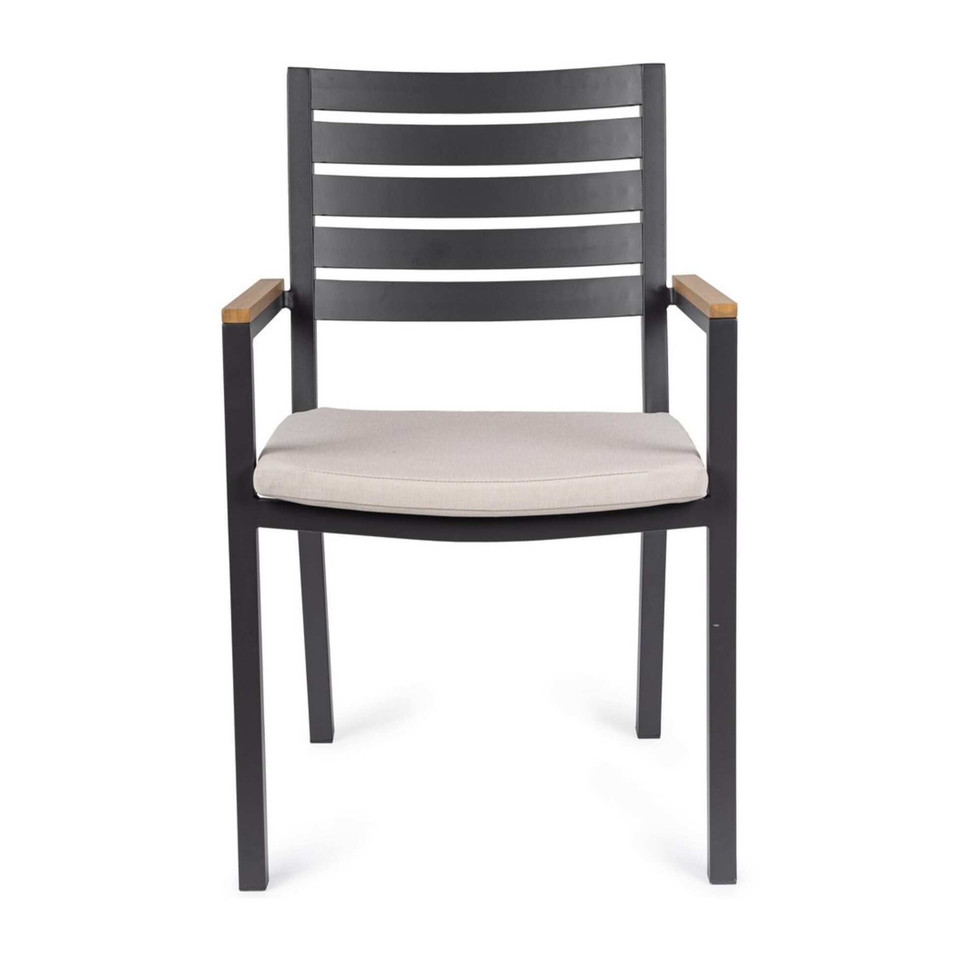 Set 4 sedie da giardino ELDA con cuscino beige, braccioli effetto legno e struttura antracite