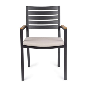 Set 4 sedie da giardino ELDA con cuscino beige, braccioli effetto legno e struttura antracite