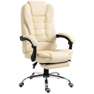 Silla de Oficina Reclinable Silla de Escritorio con Reposapiés Silla Ejecutiva Giratoria con Altura Ajustable Tapizada en PU y Reposabrazos para Estudio Crema