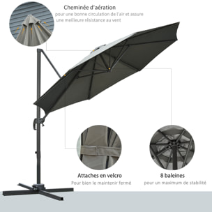 Parasol déporté octogonal inclinable rotatif 360° manivelle piètement acier mât alu. dim. Ø 2,95 x 2,5H m polyester haute densité gris