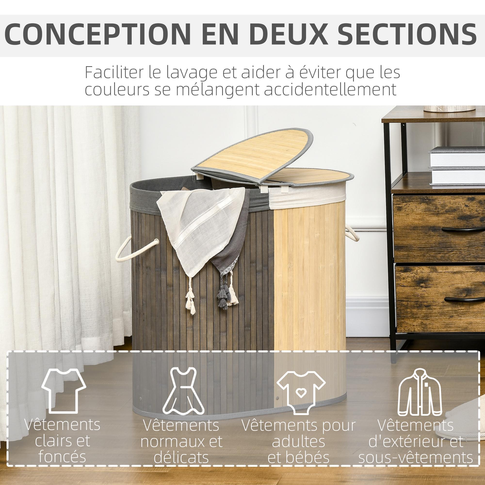 Panier à Linge Double HOMCOM 80L Pliable - Range-linge Pratique Et Design